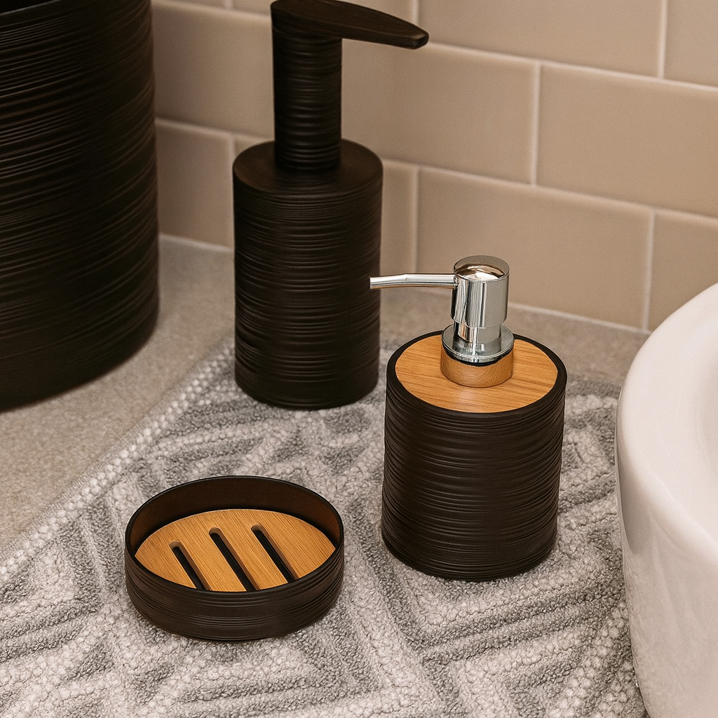 Modern Black Bathroom Accessory Set with Bamboo Accents