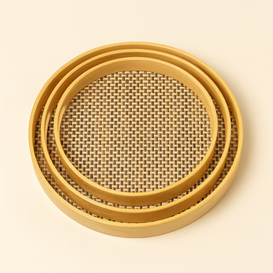 3-Piece Round Bamboo & Rattan Serving Tray Set
