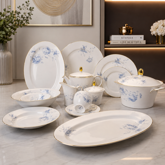 Royal Azure Bloom Porcelain Dinner Set – 61 Pieces