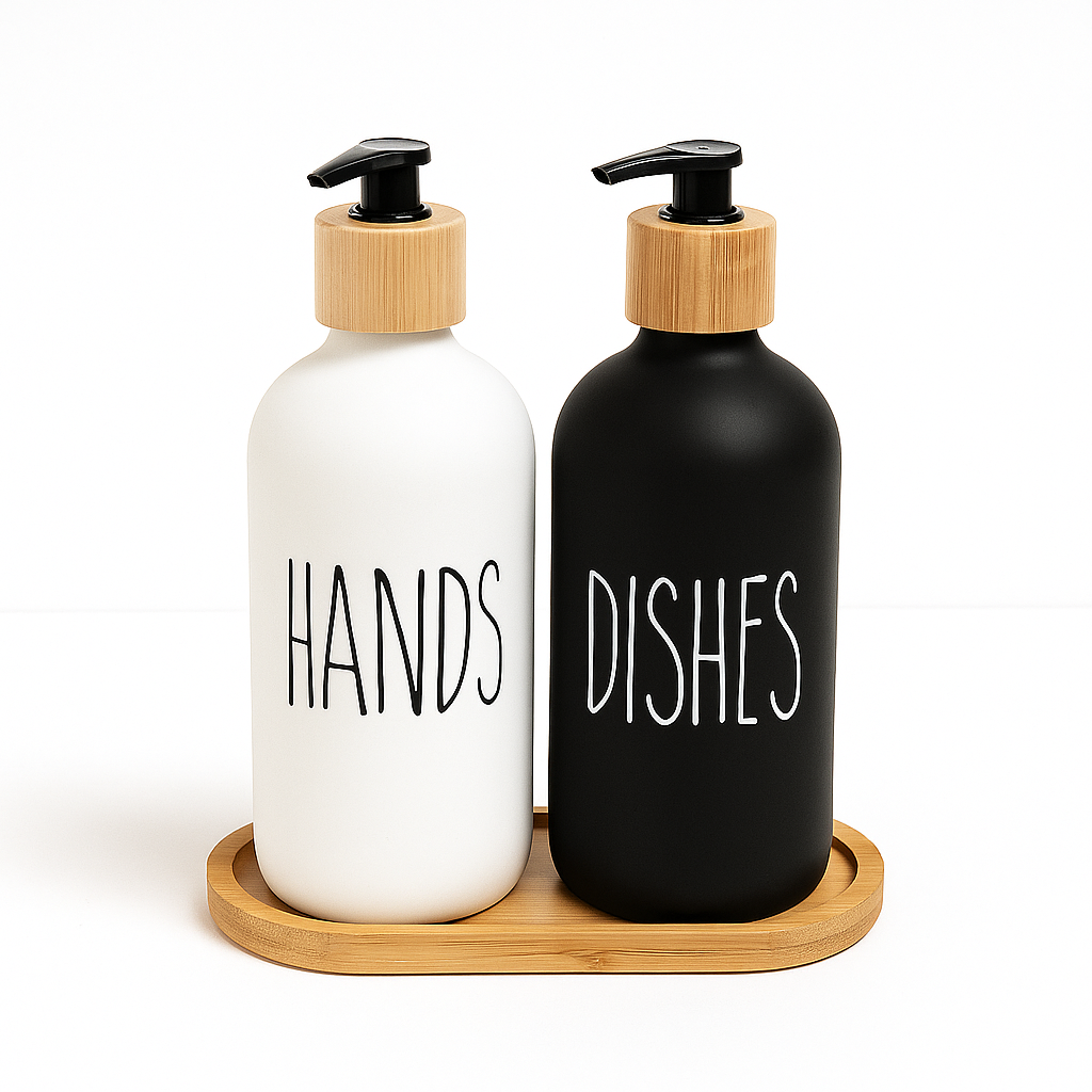 Dual Soap Dispenser with Bamboo Tray