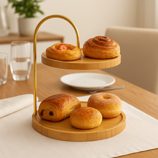 2-Tier Bamboo Serving Stand with Gold Metal Handle