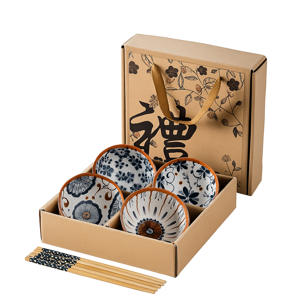 Japanese Floral Ceramic Bowls – Set of 4