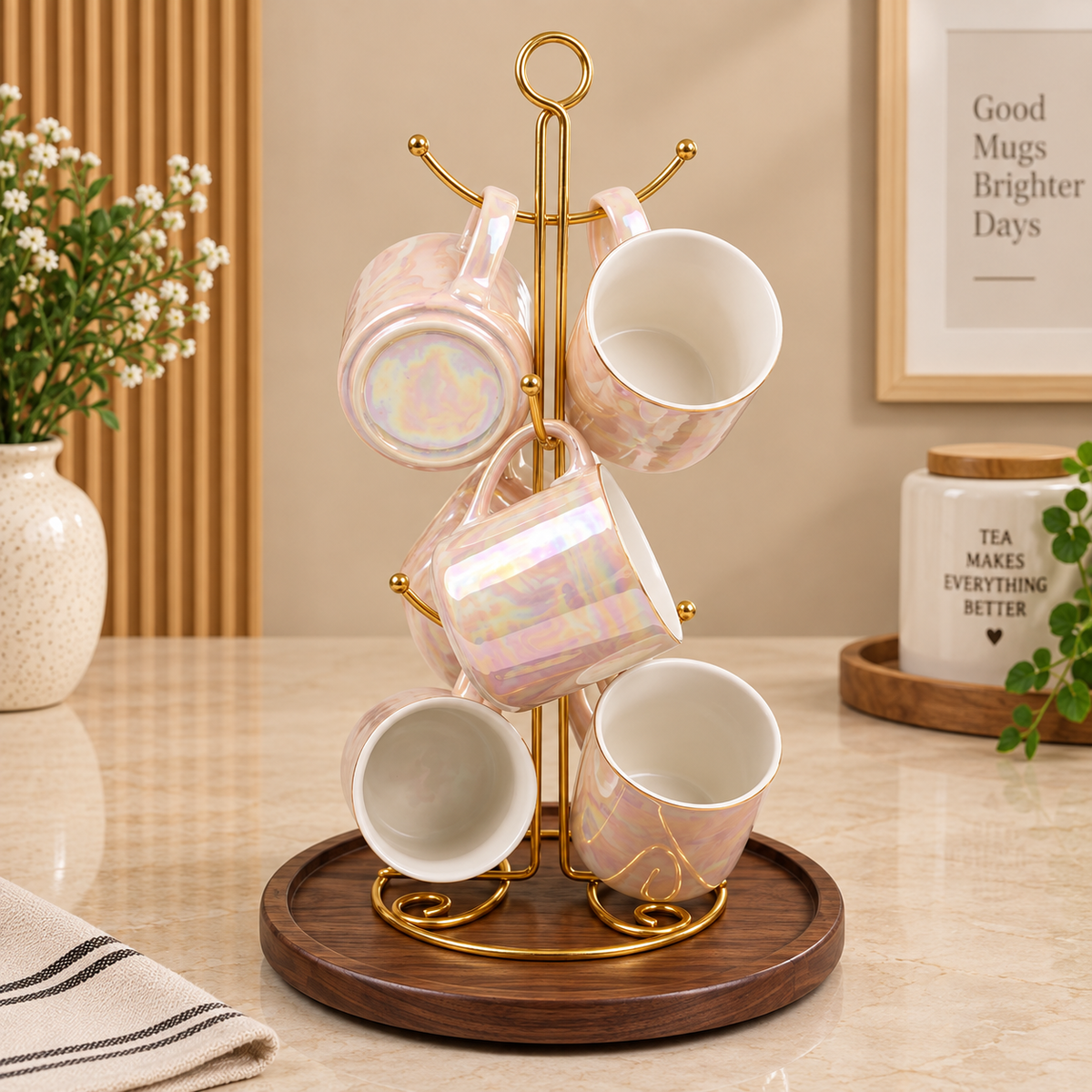 Elegant 6-Mug Ceramic Set with Display Stand