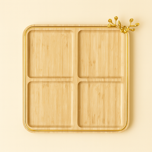 Square Bamboo Divided Tray with Golden Accent