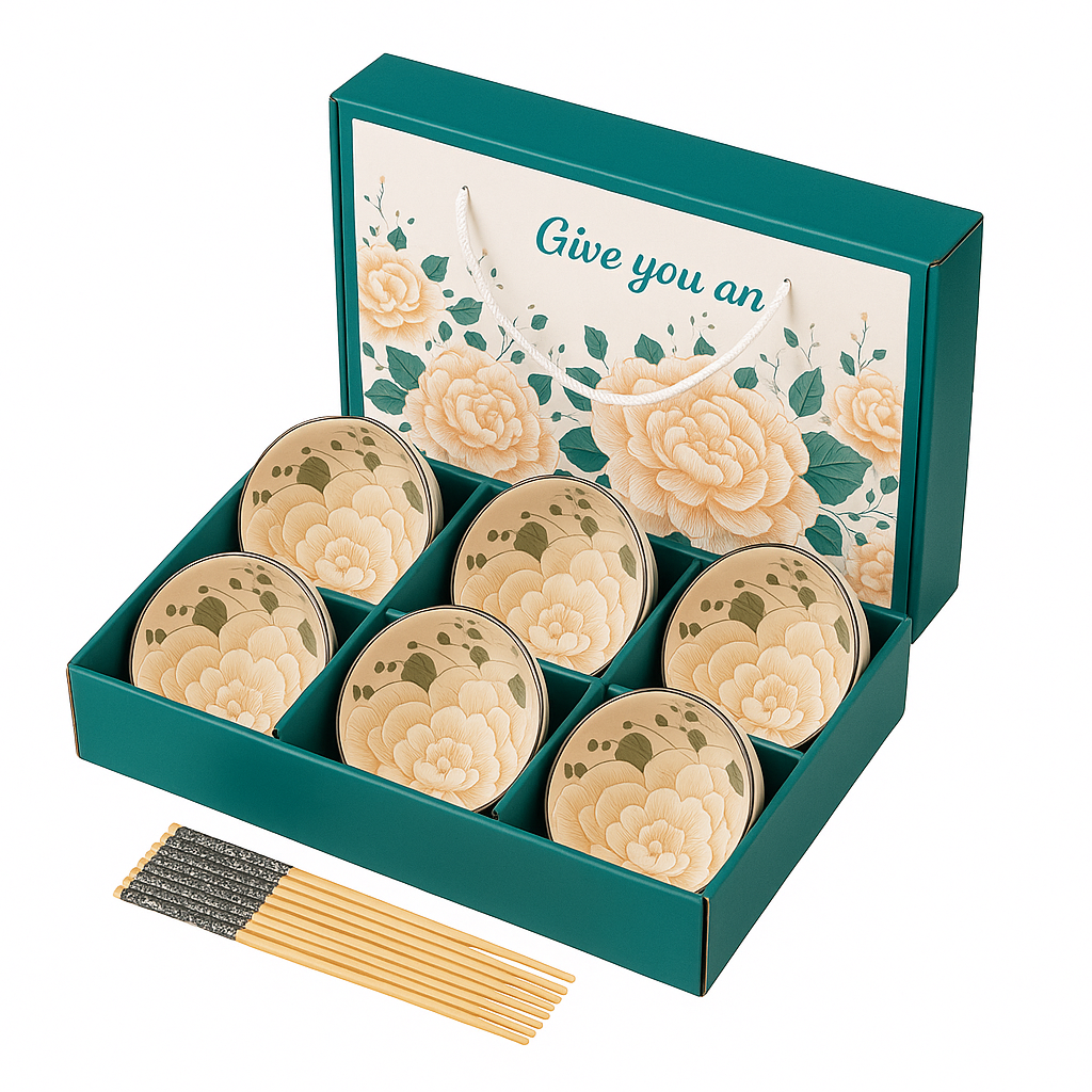 Japanese Floral Elegance Ceramic Bowls - Set of 6