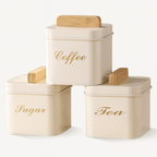 3-Piece Square Metal Sugar Canister Set with Bamboo Lids - White