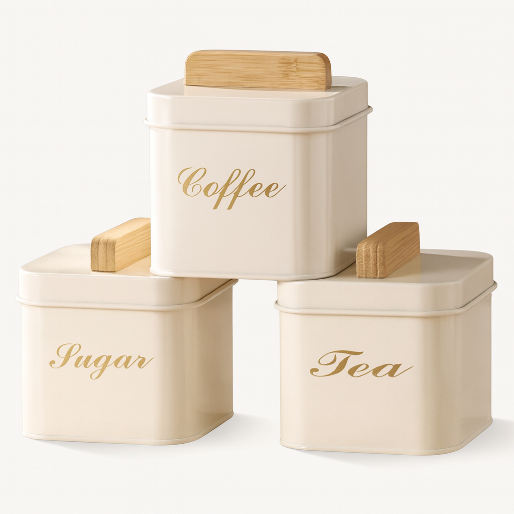 3-Piece Square Metal Sugar Canister Set with Bamboo Lids - White