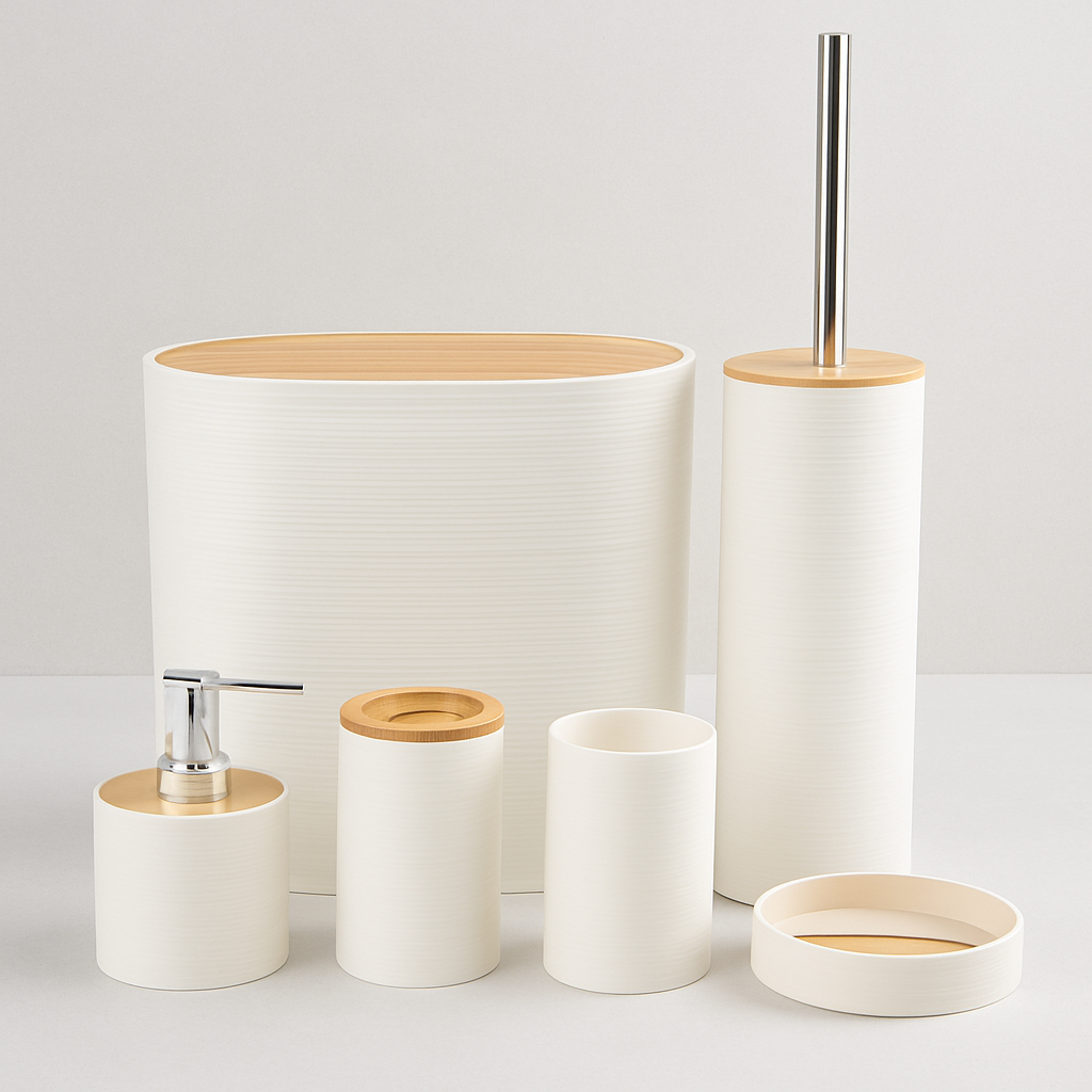 Modern White Bathroom Accessory Set with Bamboo Accents