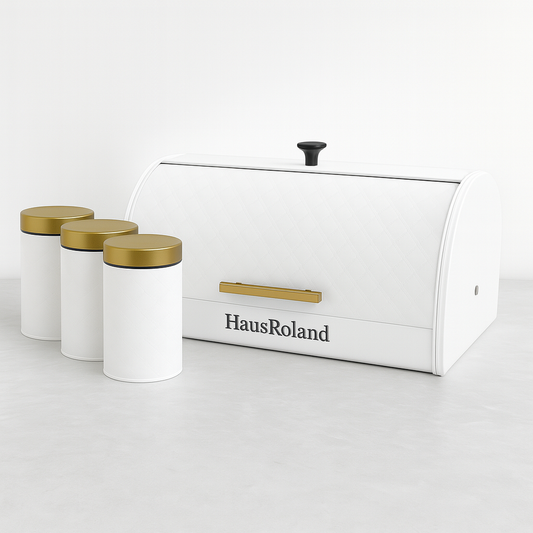 HausRoland Luxe Quilted Bread Bin & Canister Set – White & Gold