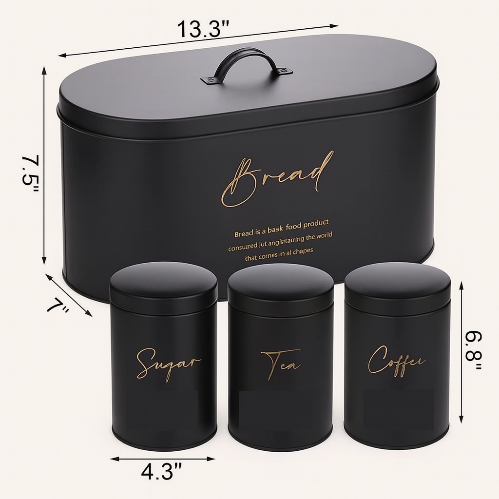 4-Piece Metal Bread Bin and Canister Set - Black