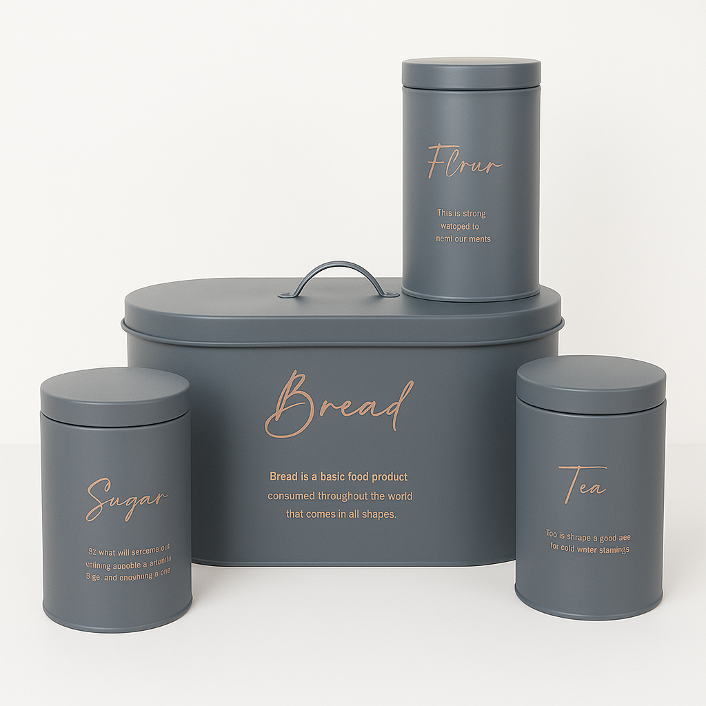 4-Piece Metal Bread Bin and Canister Set - Grey