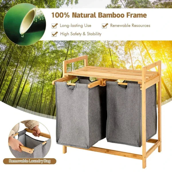 Bamboo Laundry Hamper With Dual Compartments - Grey