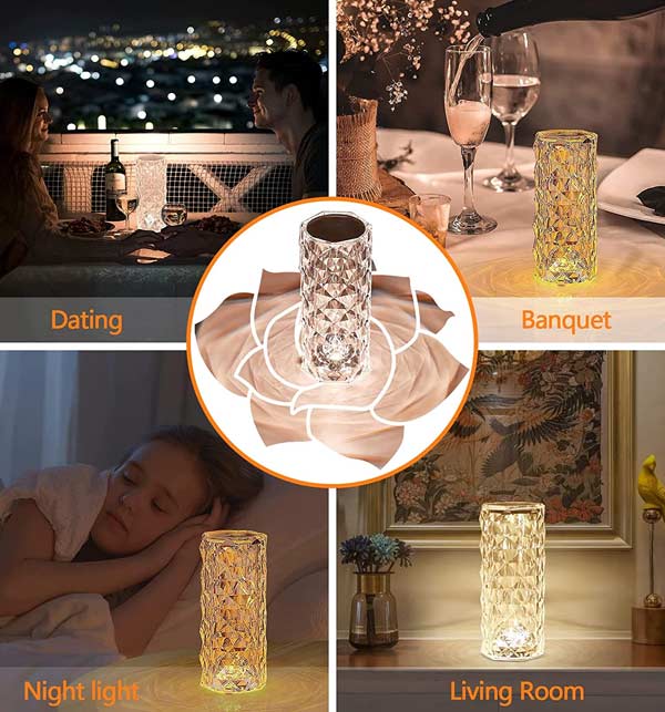 Rose Crystal Diamond Table Lamp Acrylic Touch Creative Gift (USB Plug-In Use)