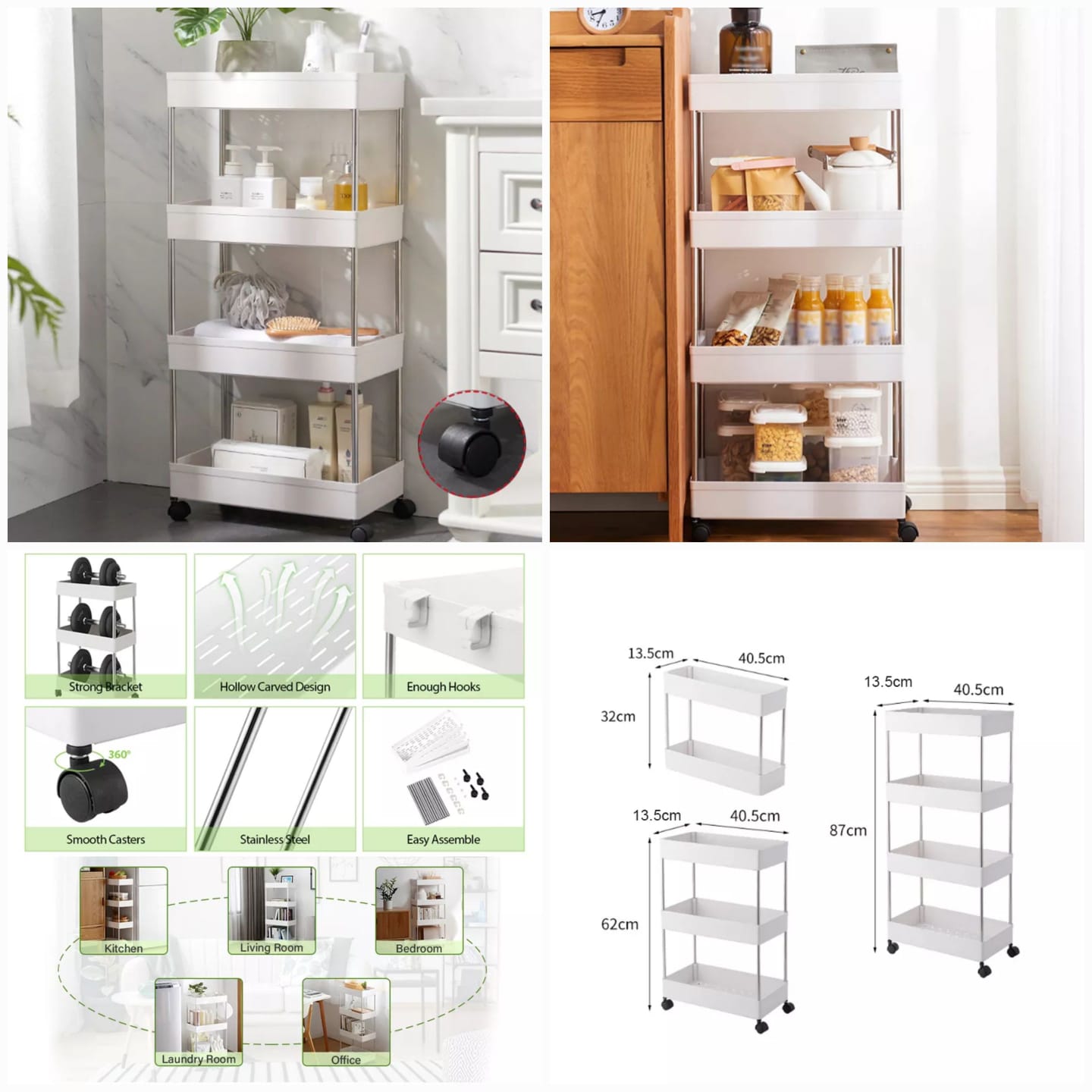 4 Layer Gap Kitchen Storage Rack Slim Slide Tower Movable Assemble Plastic Bathroom Shelf Wheels